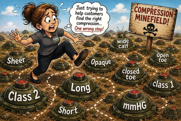 Cartoon of a Pebble UK adviser tiptoeing through a minefield labelled with compression terms: class 1, class 2, sheer, opaque, open toe, wide calf, mmHg